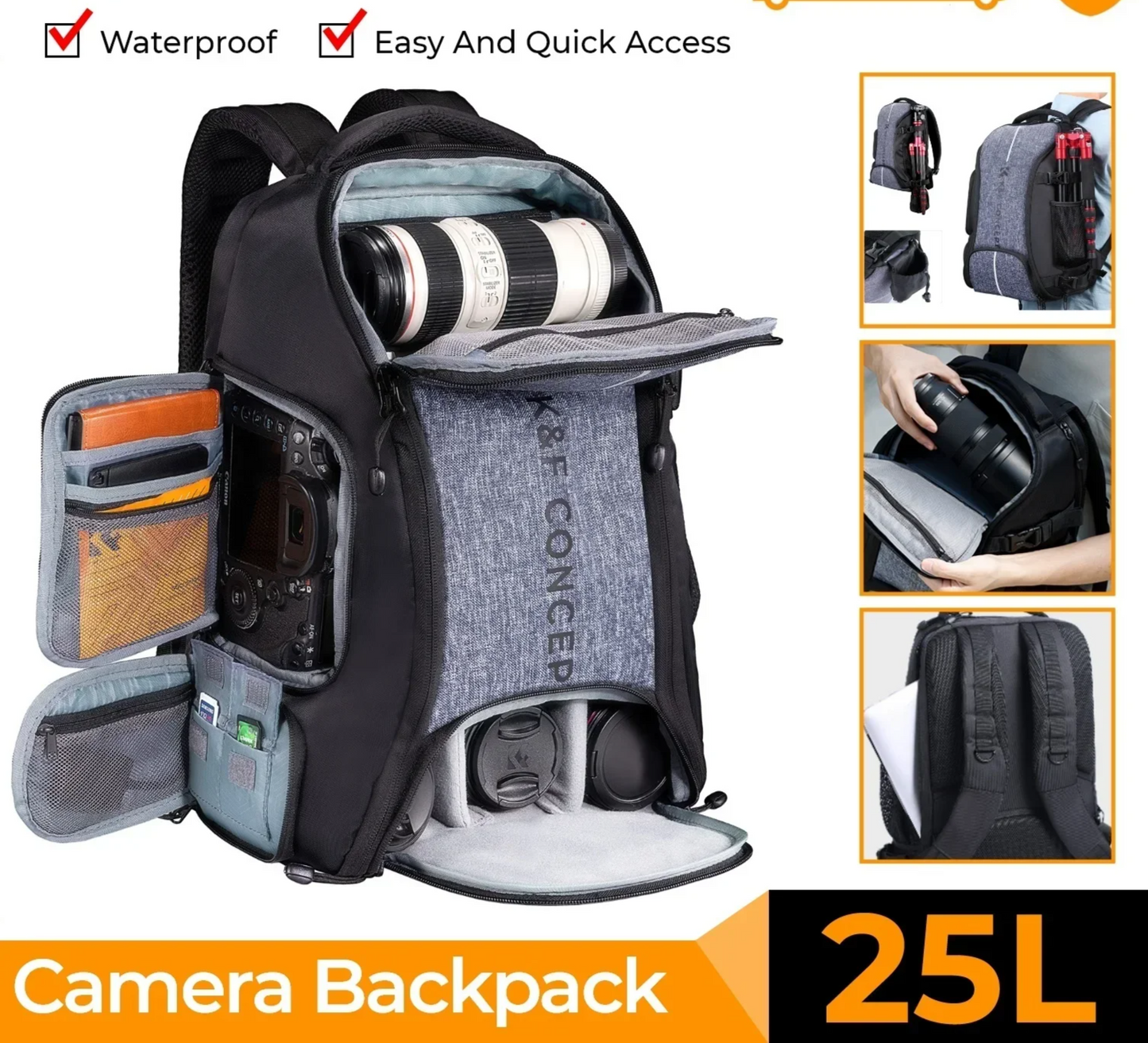 25L Camera Backpack with Laptop Compartment and Tripod Strap