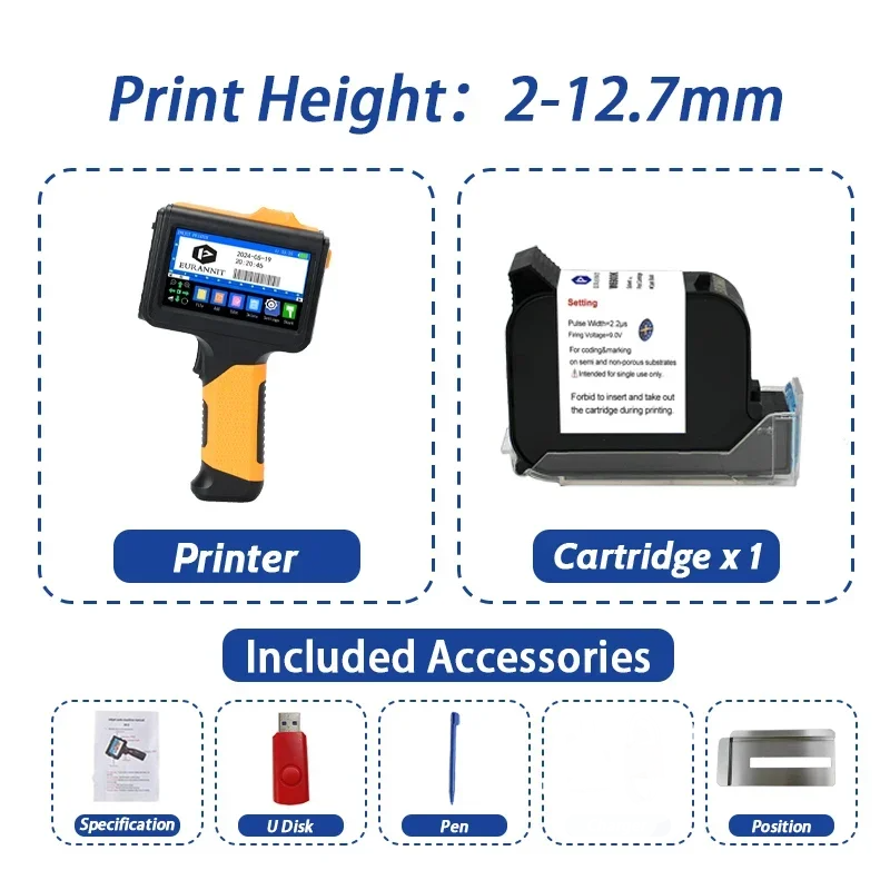 Portable Handheld Inkjet Printer with 1 Ink Cartridge 12.7mm