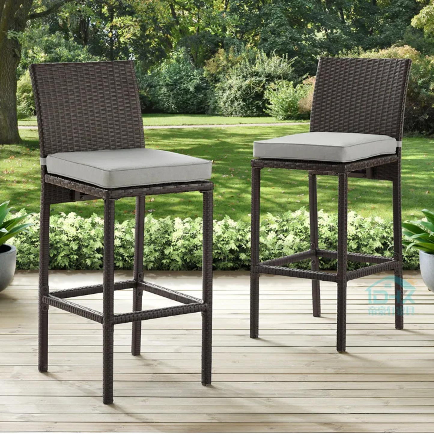 Patio Rattan Bar Height Stools with Cushions Beige