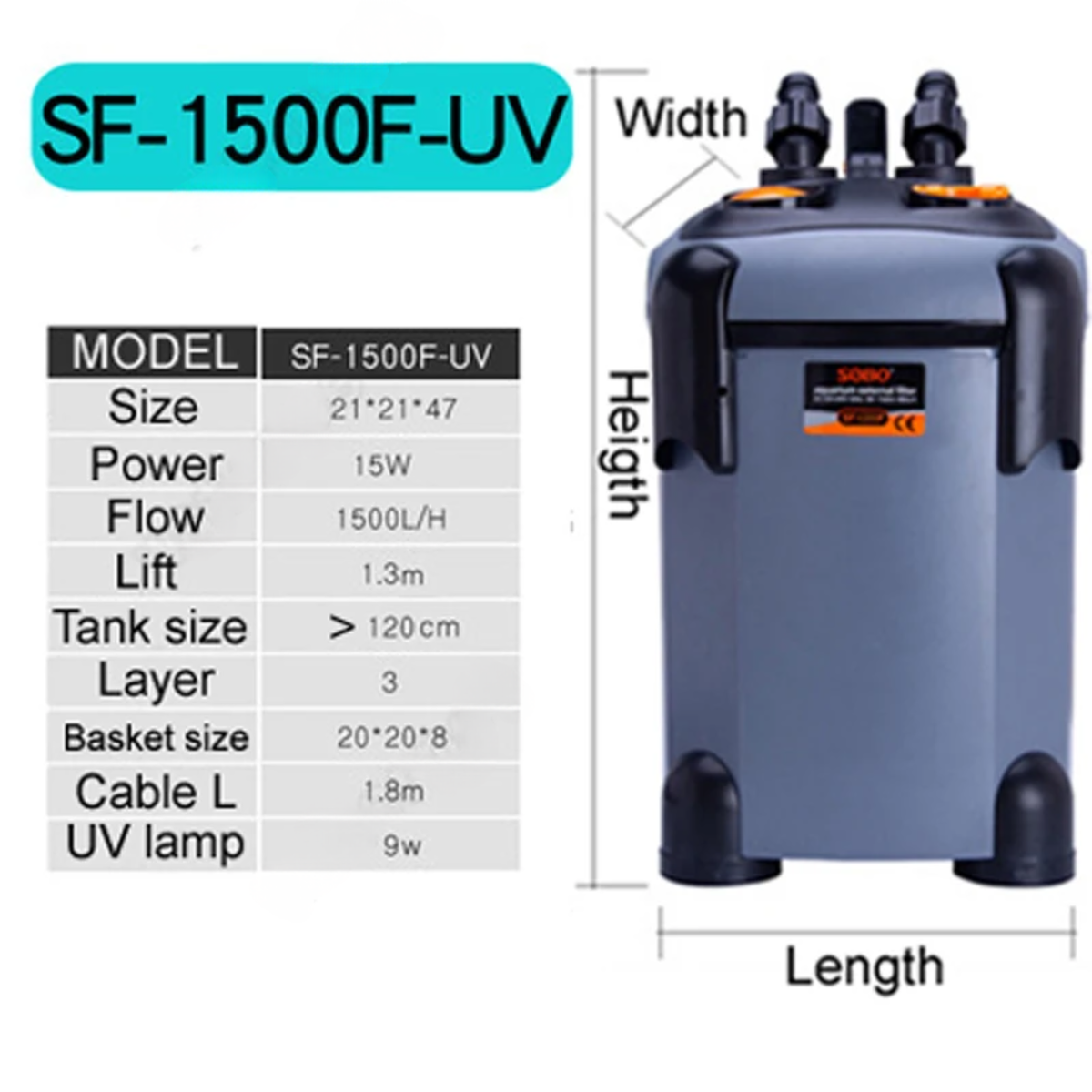 1500UV High-Flow Fish Tank Filter with UV Purifier