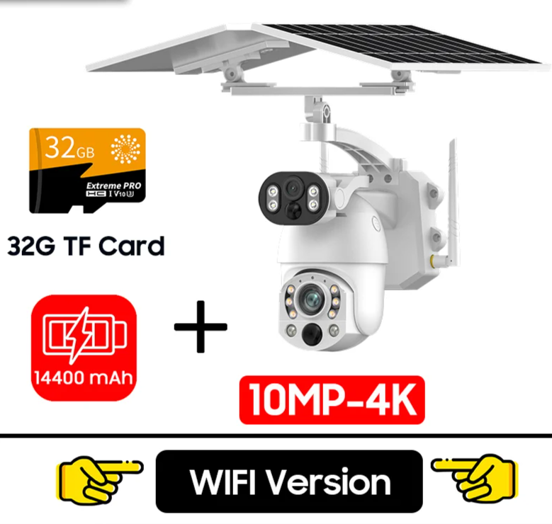 4K Solar PTZ Security Camera 10MP WiFi with 32GB