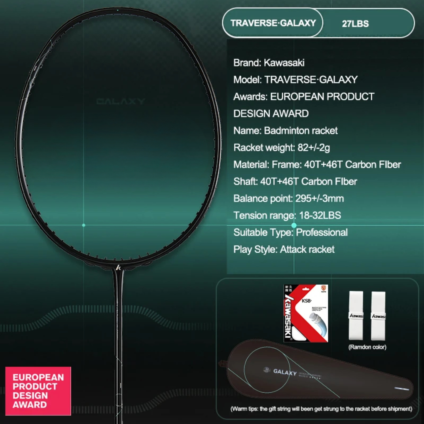 Kawasaki TRAVERSE·GALAXY Professional 27LBS Black Badminton Racket Offensive Play