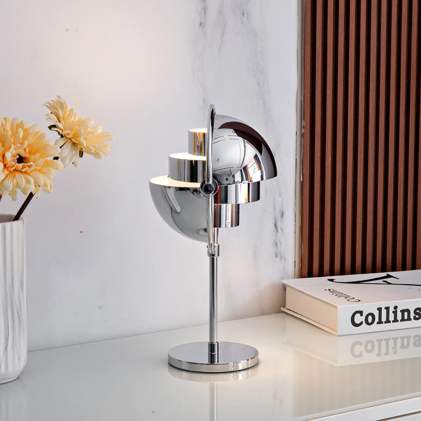Minimalist Chrome Metal Desk Lamp with LED Option