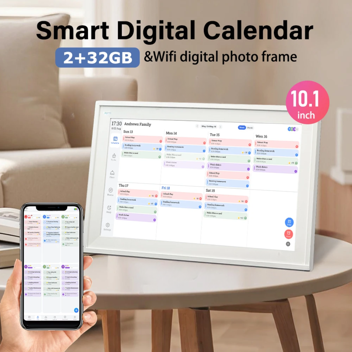 Smart WiFi Touchscreen Digital Calendar 10.1 Inch White