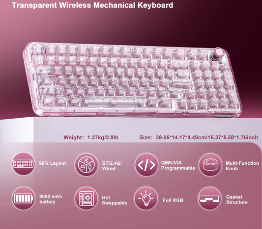 Pink Transparent Gaming Keyboard with RGB and Control Knob
