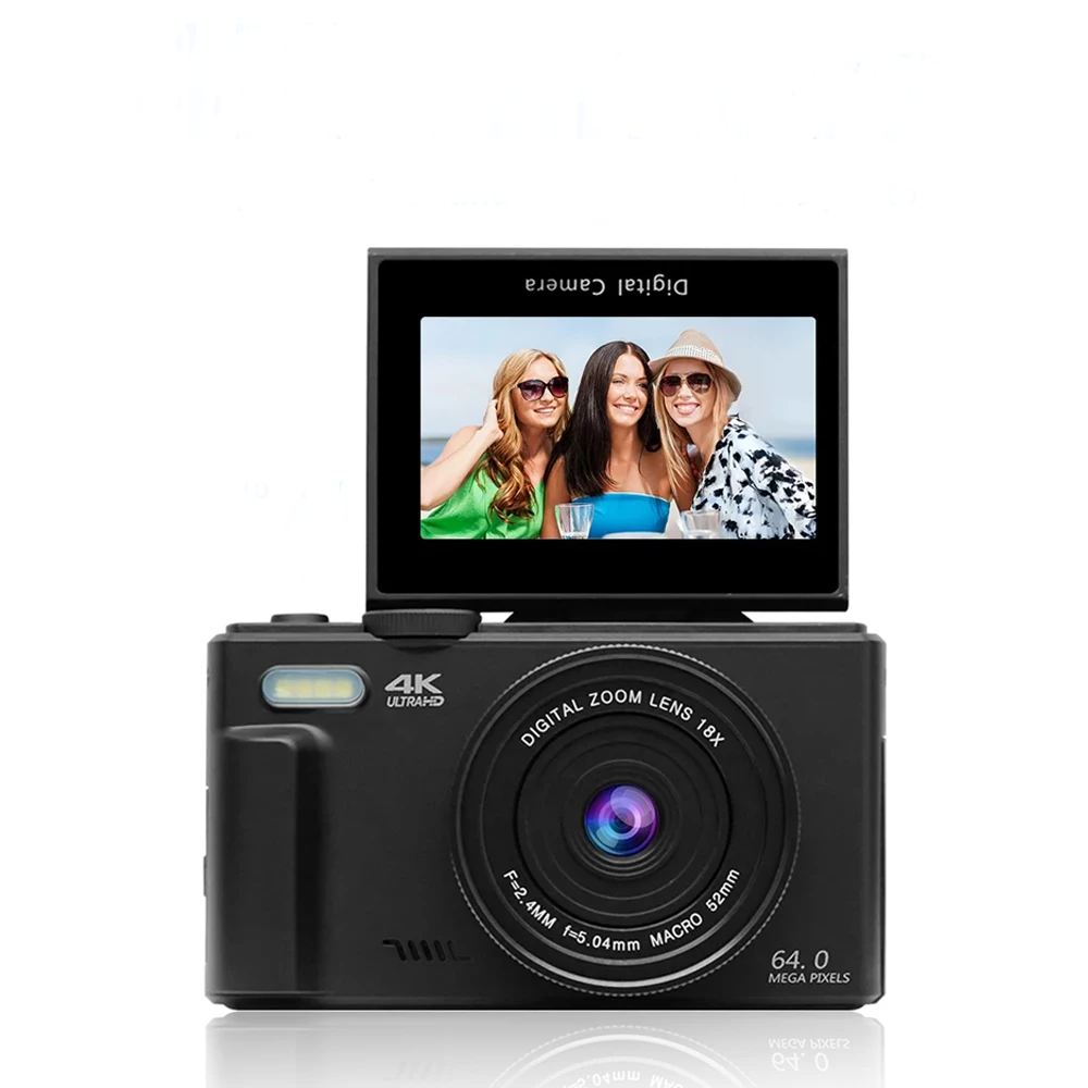 Portable 64MP 4K Vlogging Camera with Flash and 3" Flip Display