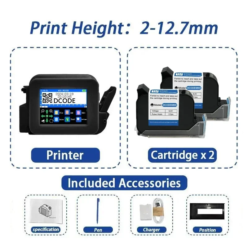 Portable Mini Coding Printer with 2 Ink Cartridges