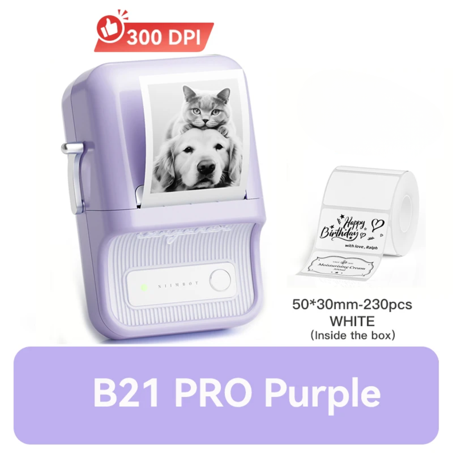 Purple Mini Bluetooth Label Printer High Resolution 300DPI