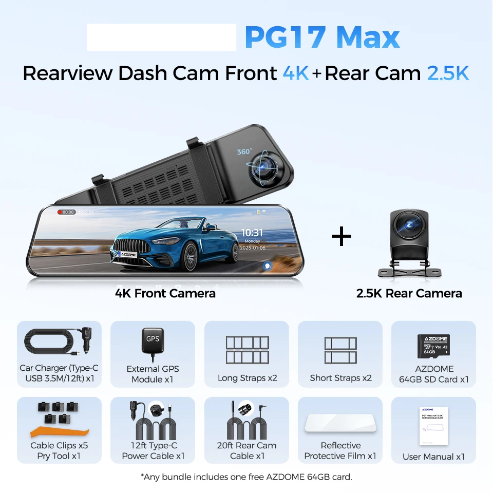 256GB PG17 Max Car Dash Cam with Storage