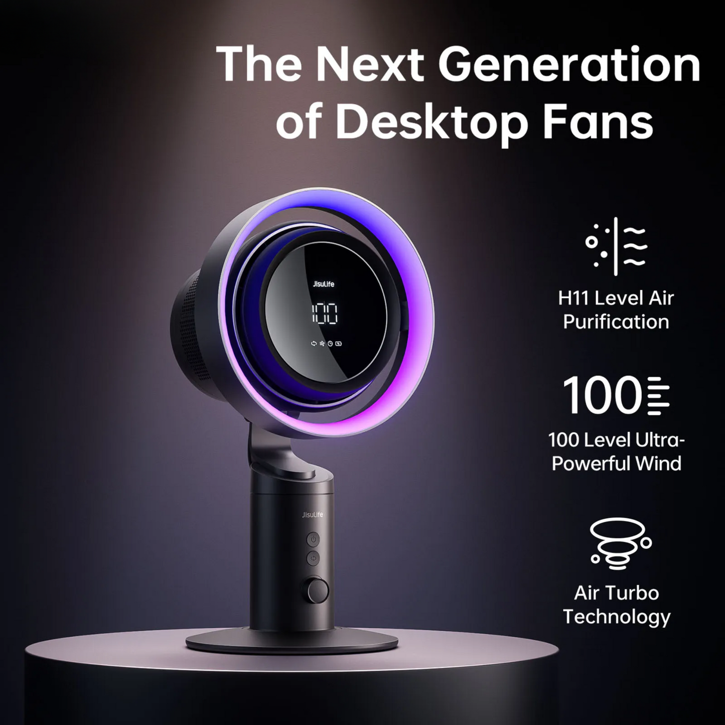 Rechargeable Turbo Oscillating Fan with 100 Speeds and HEPA Filter