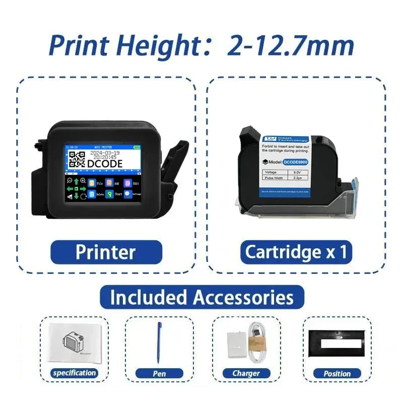 Portable Handheld Inkjet Printer with 1 Ink Cartridge