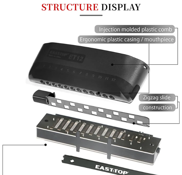 12 Hole Chromatic Harmonica Key of C Black