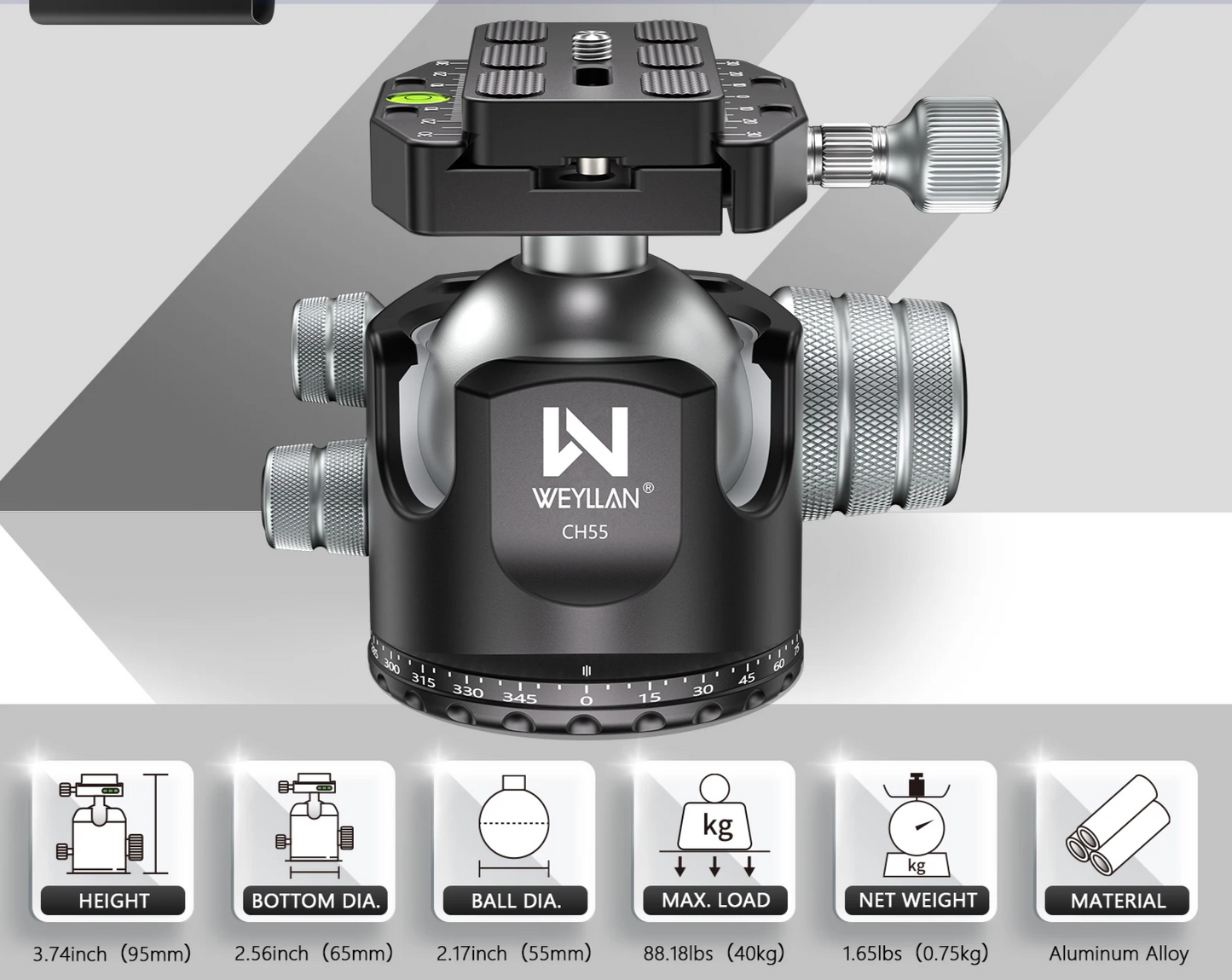 55mm MLOK Tripod Ball Head 360 Degree Heavy Duty Mount