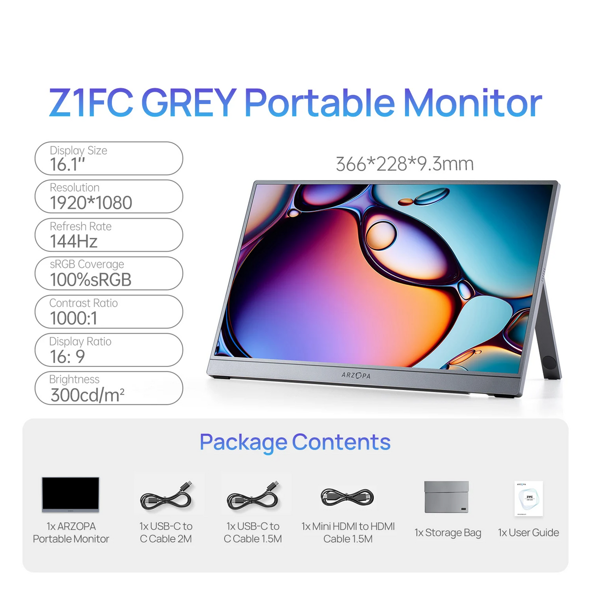 16.1 Inch FHD 144Hz Portable Monitor HDR Gaming Second Screen