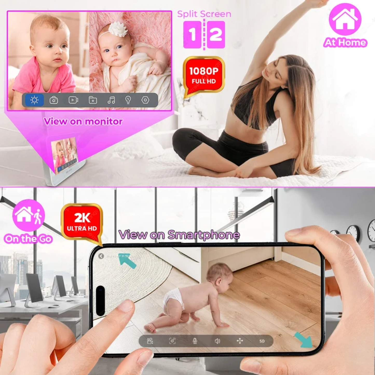 WiFi Baby Monitor Dual Camera Split Screen 2K PTZ