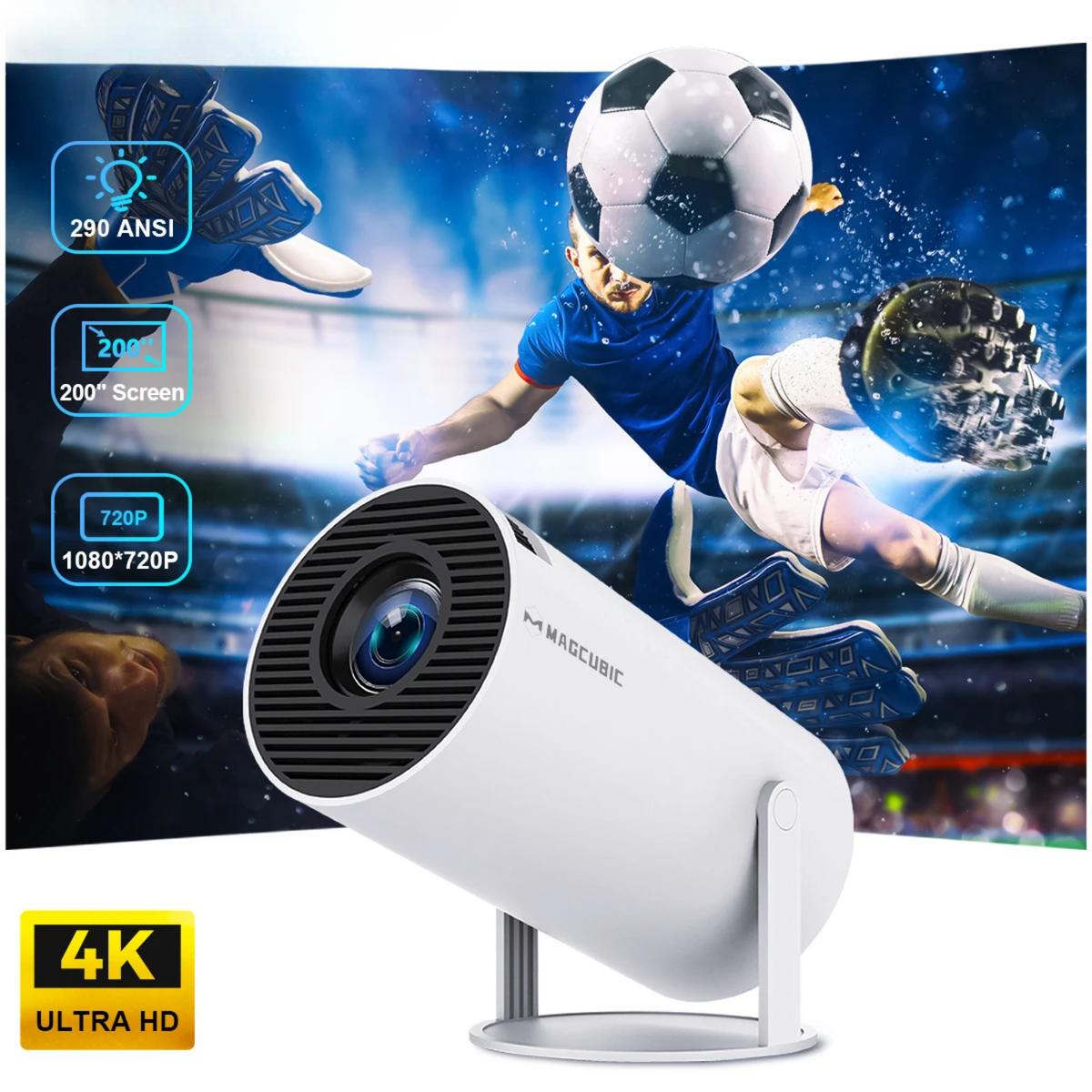 Portable 4K Projector Android 11 WiFi6 Home Cinema White