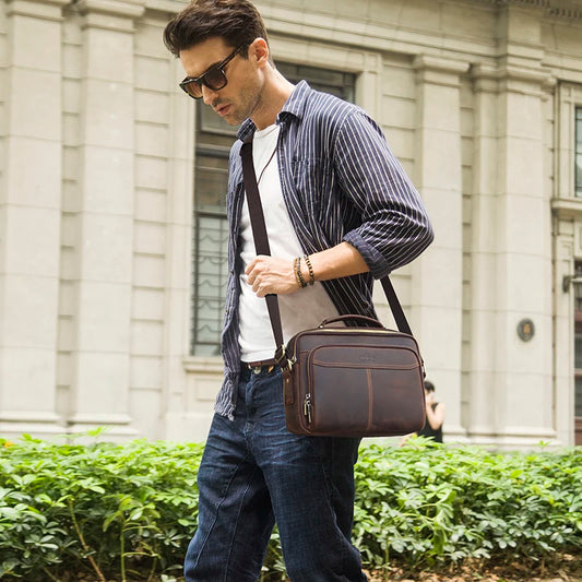 Men’s Black Leather Shoulder Bag with Adjustable Strap