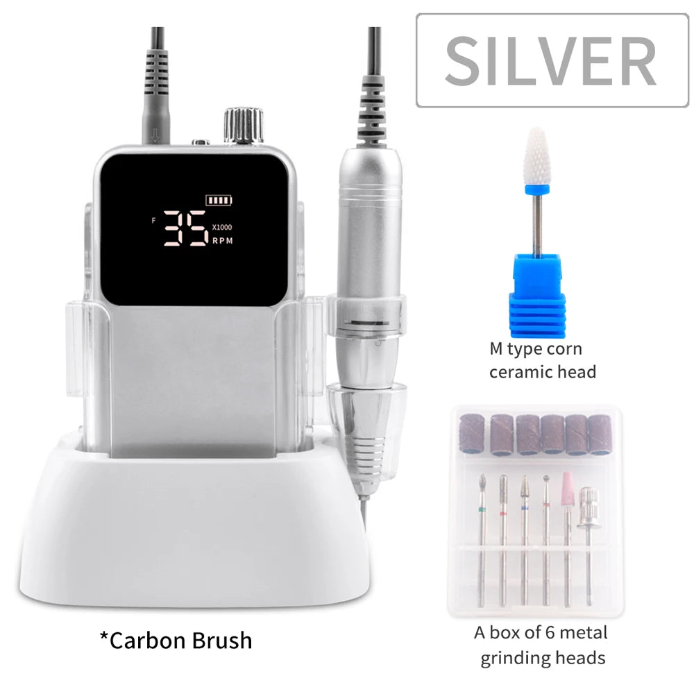 Rechargeable Silver Nail Drill 35000RPM Manicure and Pedicure