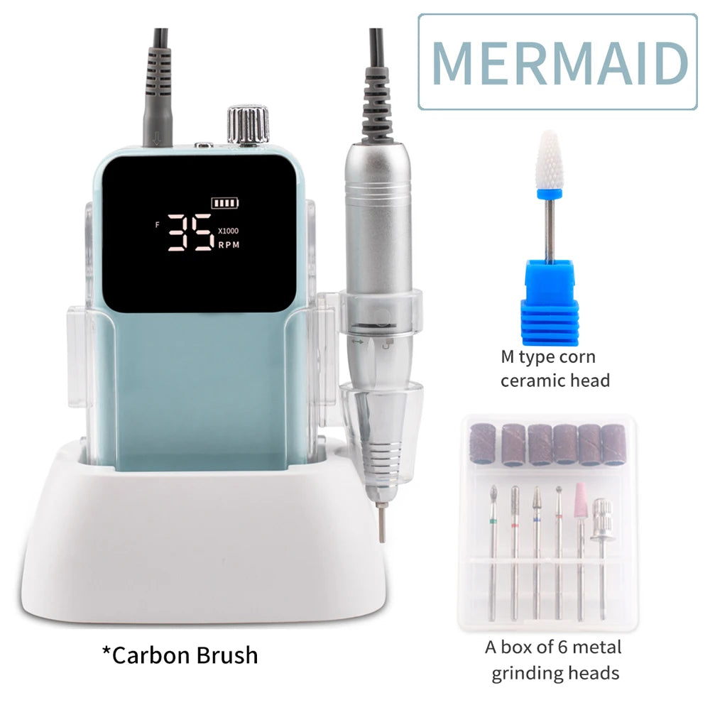 Mermaid Nail Drill 35000RPM Rechargeable Cordless Manicure Machine