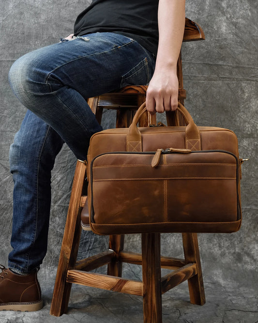 Brown Oil Leather 16 Business Laptop Briefcase Bag