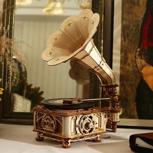 Motorised Wooden Gramophone 3D Puzzle Music Box