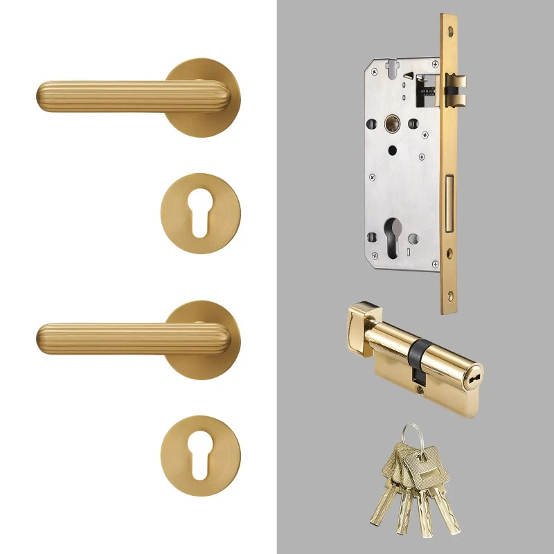 Modern Brass Door Handle Lock Set Bedroom Bathroom Lever