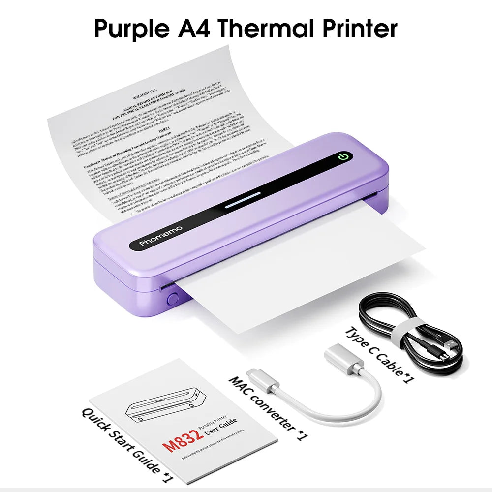 Purple Portable Wireless Bluetooth Inkless Printer A4 Thermal