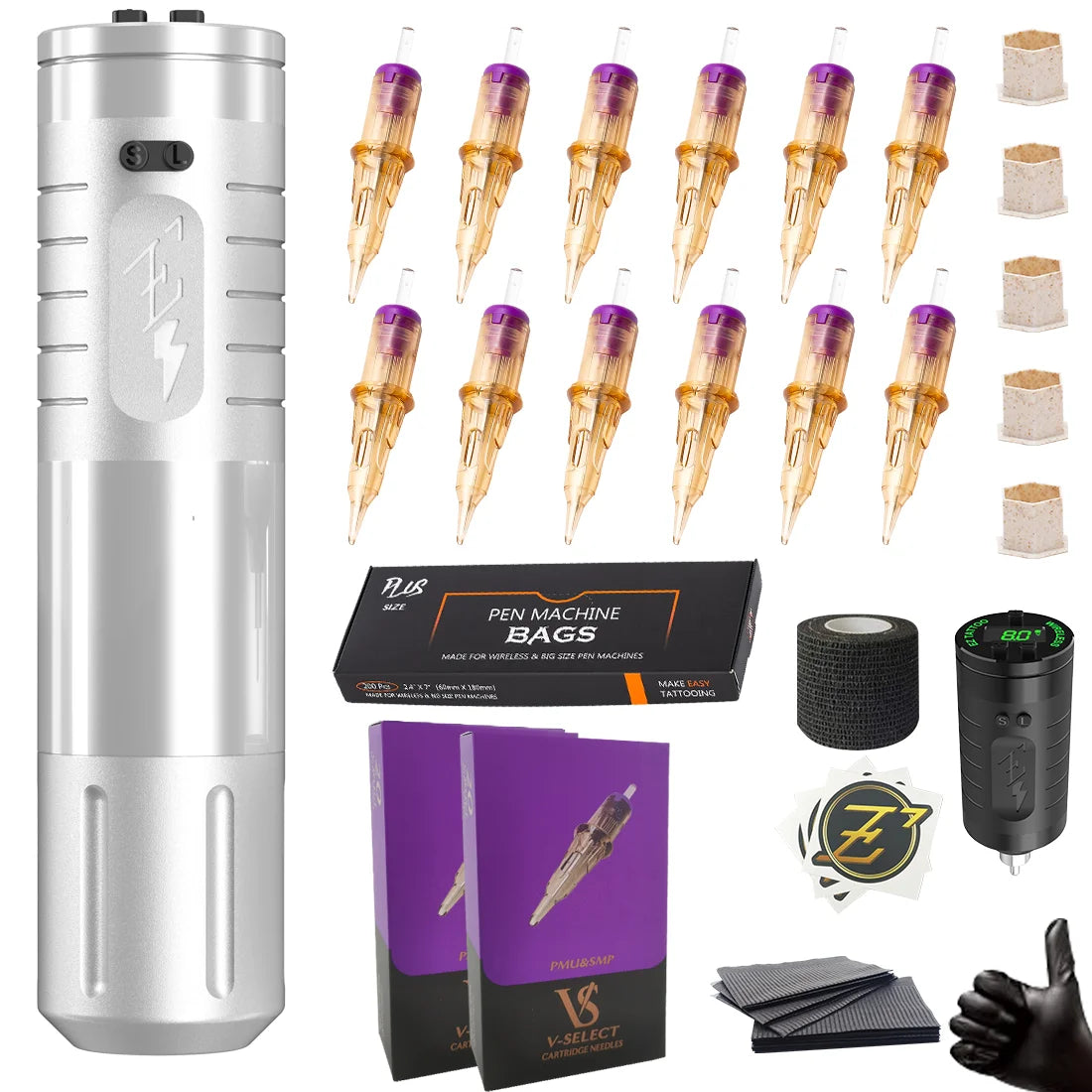 Wireless Tattoo Pen Kit Silver with 40pcs Cartridges