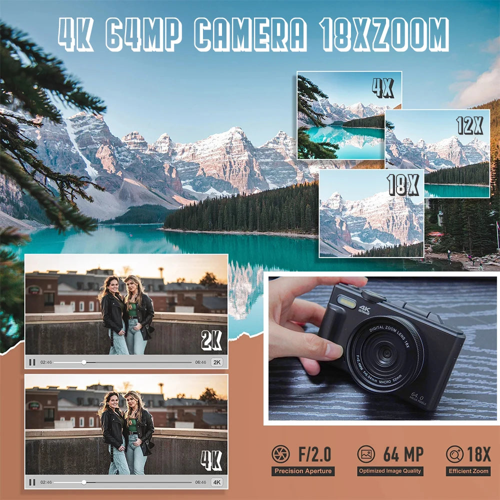 Portable 64MP 4K Vlogging Camera with Flash and 3" Flip Display