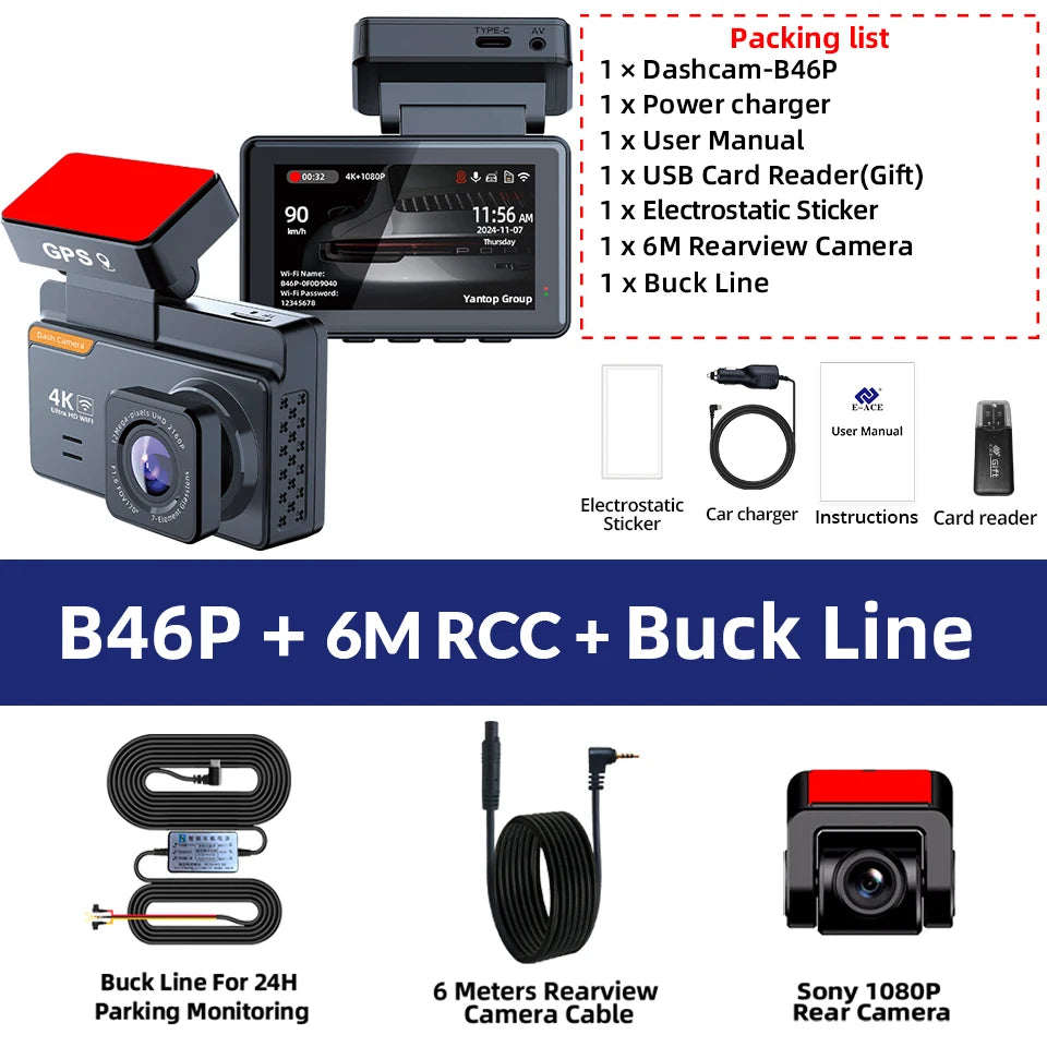 4K Dash Cam Dual Lens GPS WiFi 3 Inch 1080P Rear Camera