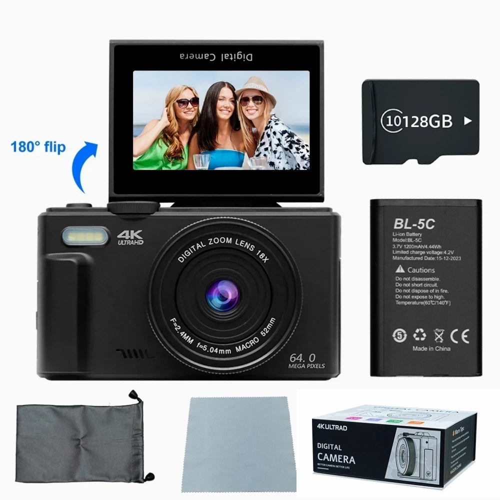 Portable 64MP 4K Vlogging Camera with Flash and 3" Flip Display