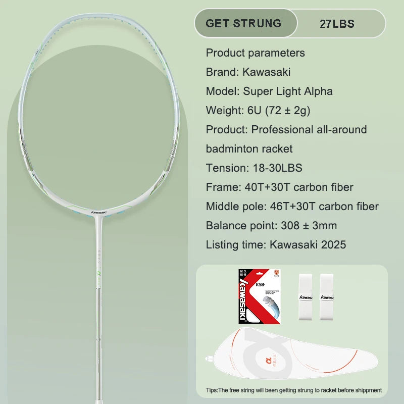 Kawasaki 6U Super Light 27LBS Carbon Badminton Racket White Gray