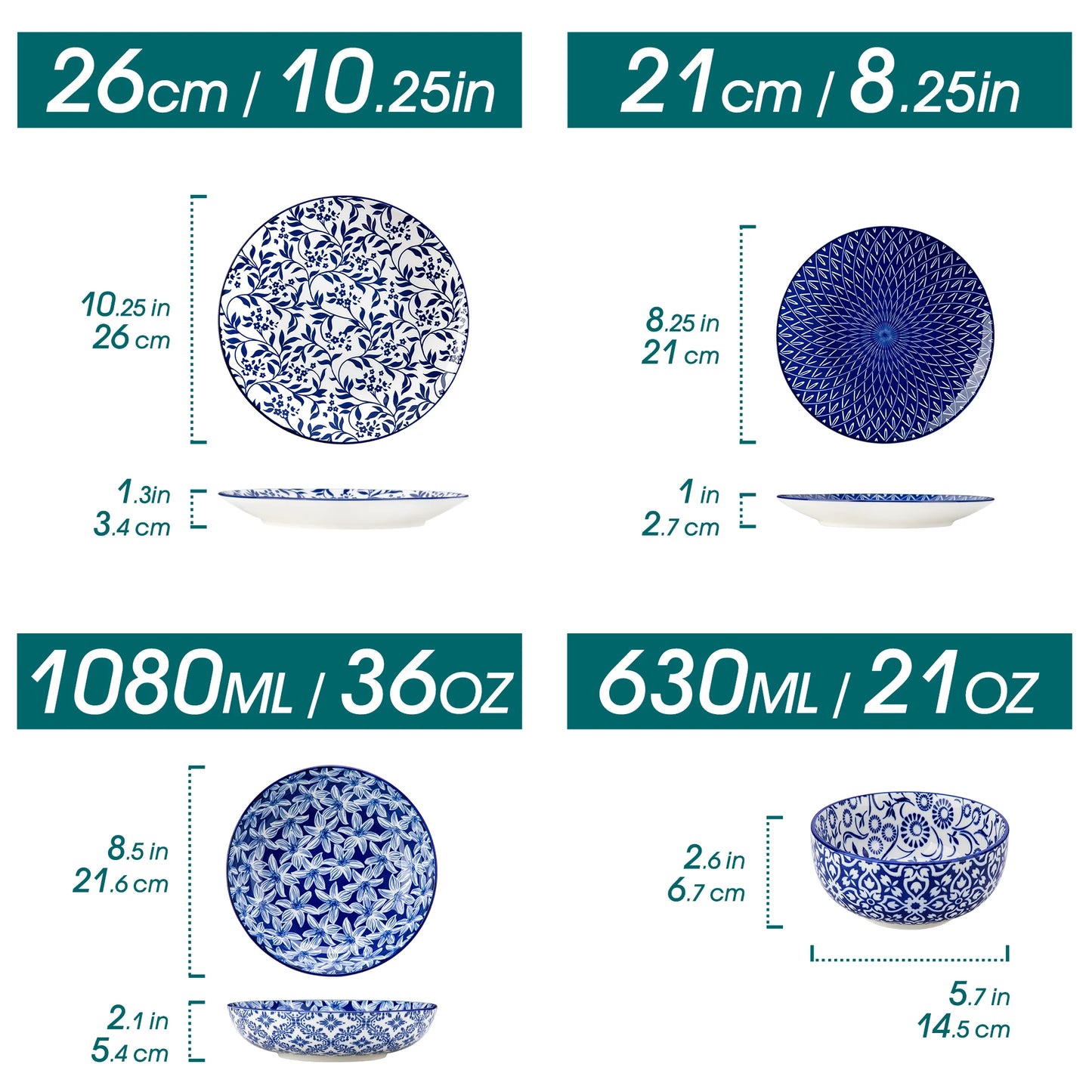 12 Piece Porcelain Dinner Set with Blue White Pattern