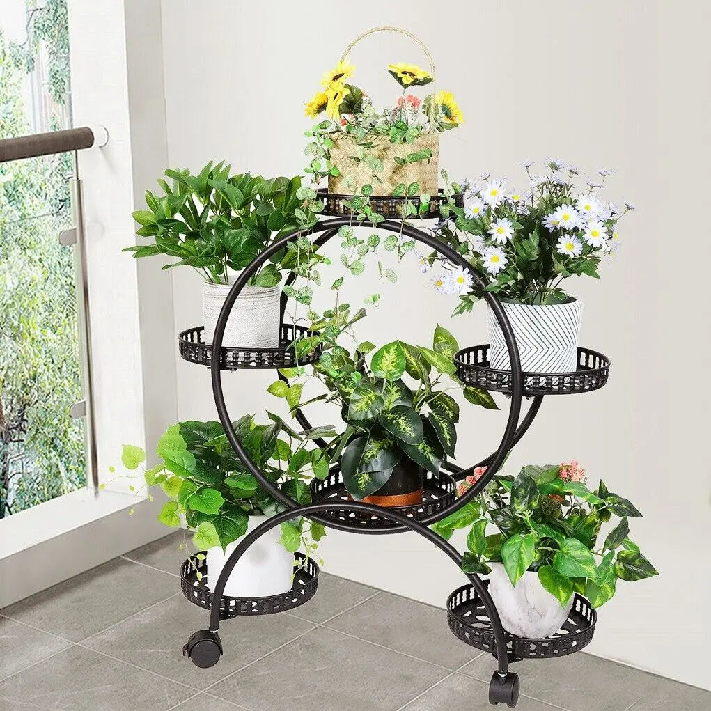 4-Tier Plant Stand with Wheels Holds Six Flower Pots