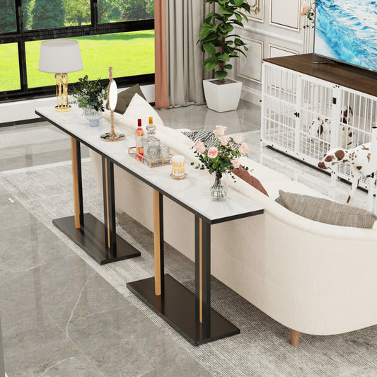 Narrow Stone Top Console Table with Pedestal Base