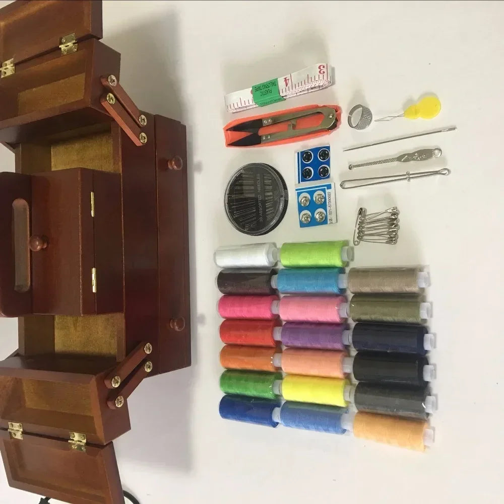 Natural Wood Sewing Box with Sewing Accessories