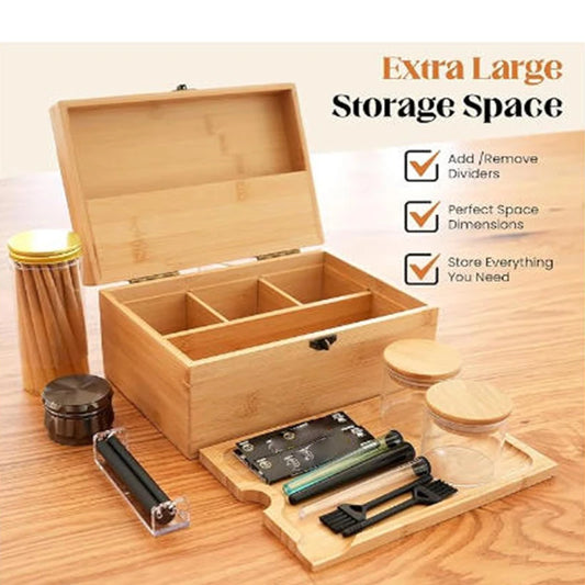 Large Bamboo Storage Box with Removable Tray Kit