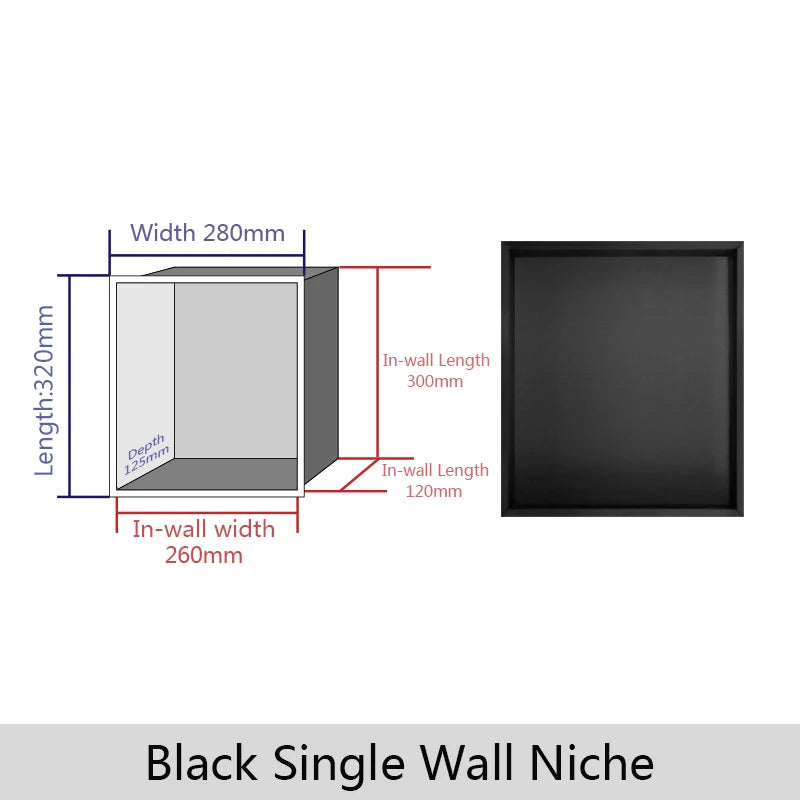 Black 1 Layer Stainless Steel Recessed Bathroom Shelf