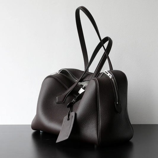 Luxury Cowhide Leather Bowling Bag Laptop Office Handbag Abnine