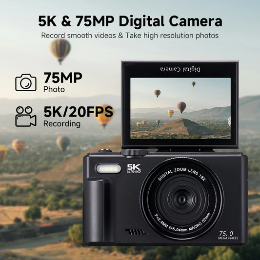 75MP 5K Digital Camera Flip Screen 18X Zoom 64GB