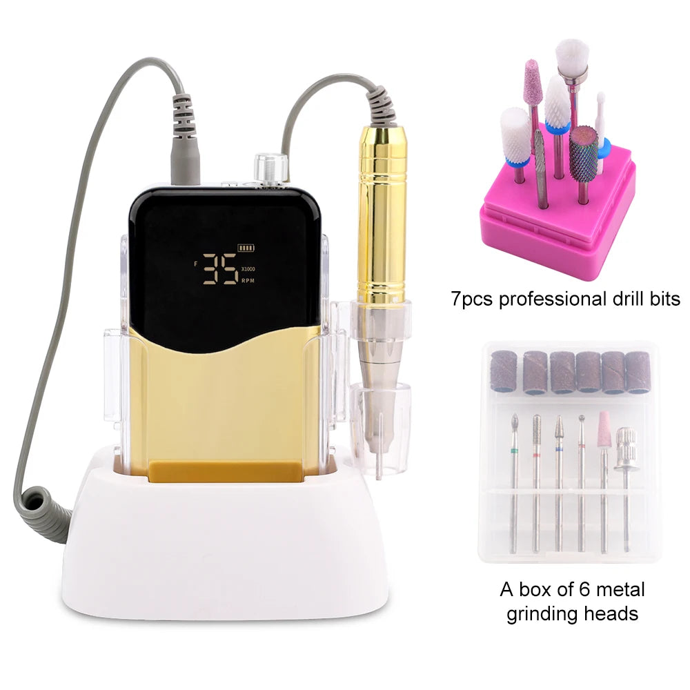 Professional Nail Drill Set 35000RPM Rechargeable Metallic Gold