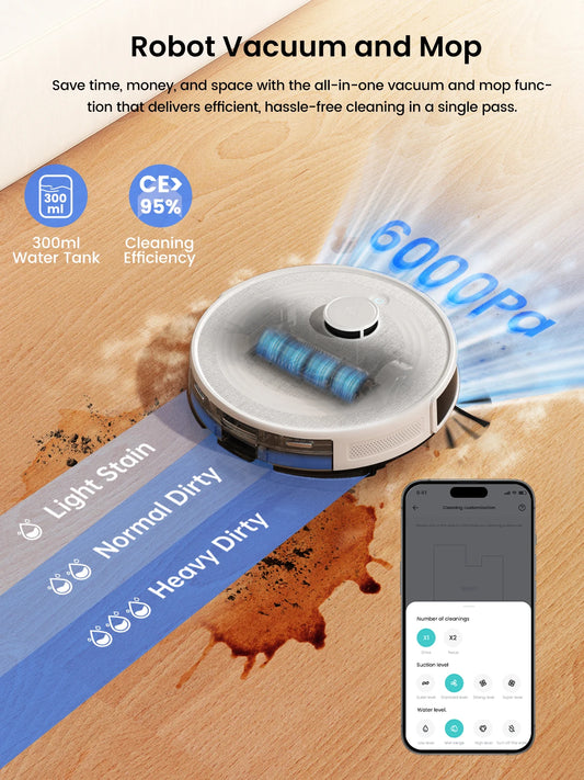 Black Robot Vacuum and Mop 6000Pa Smart Mapping Cleaner