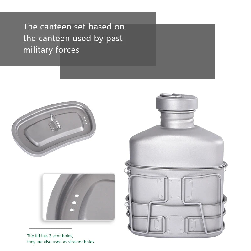 Titanium Camping Canteen Set Military Pot Pan Lid Chain