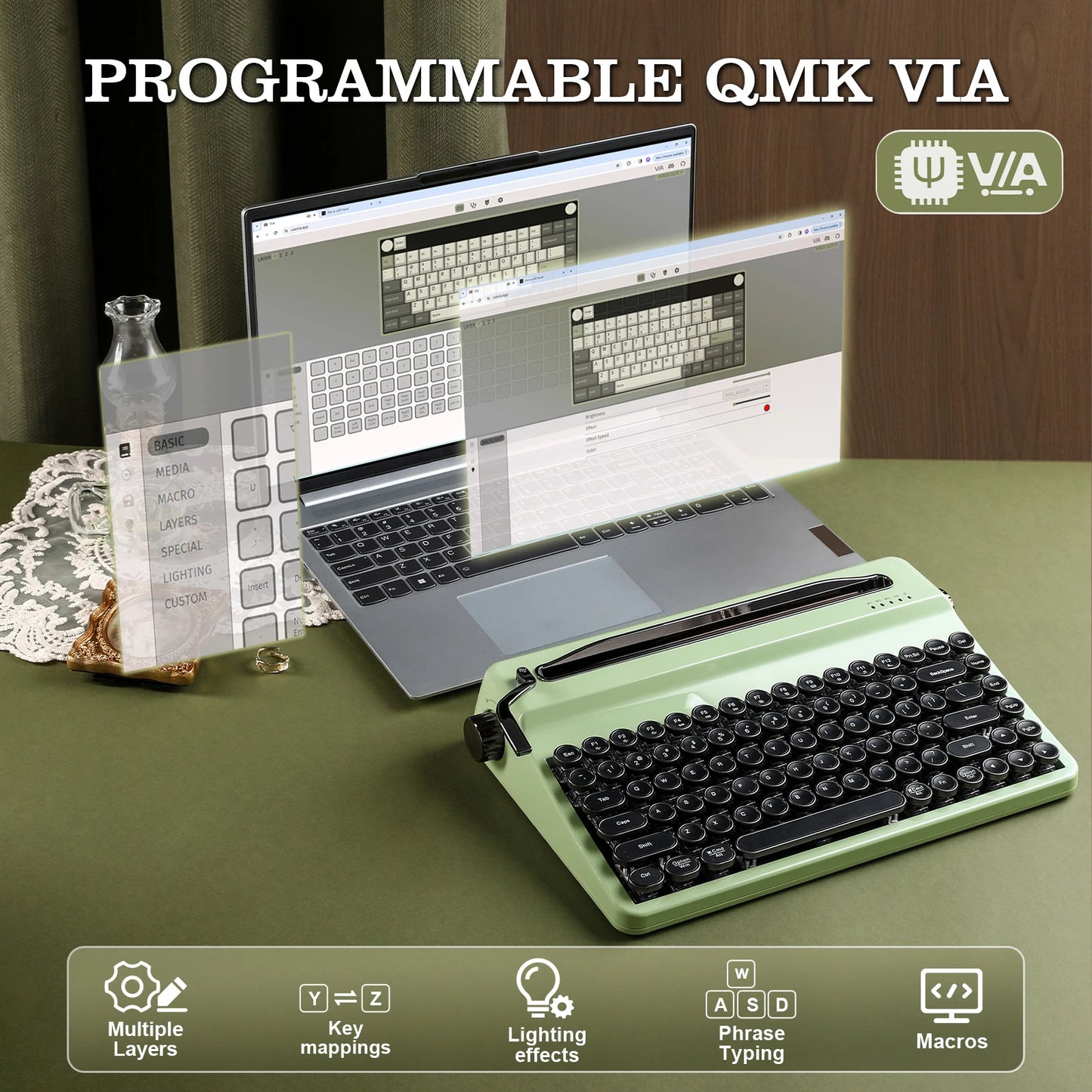 Green Wireless Typewriter Keyboard with RGB Backlight Tactile Switches