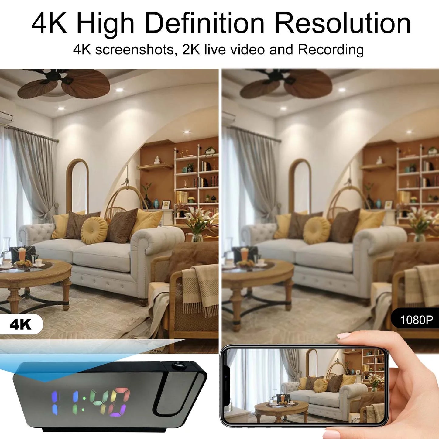 4K WiFi Security Camera Alarm Clock with 128GB Card
