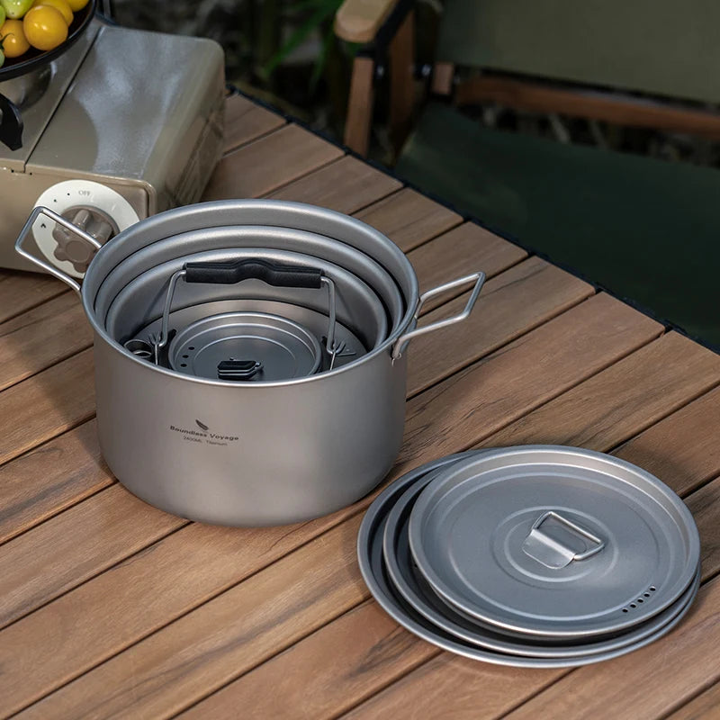 Portable 4-Piece Titanium Cookware for Outdoor Camping