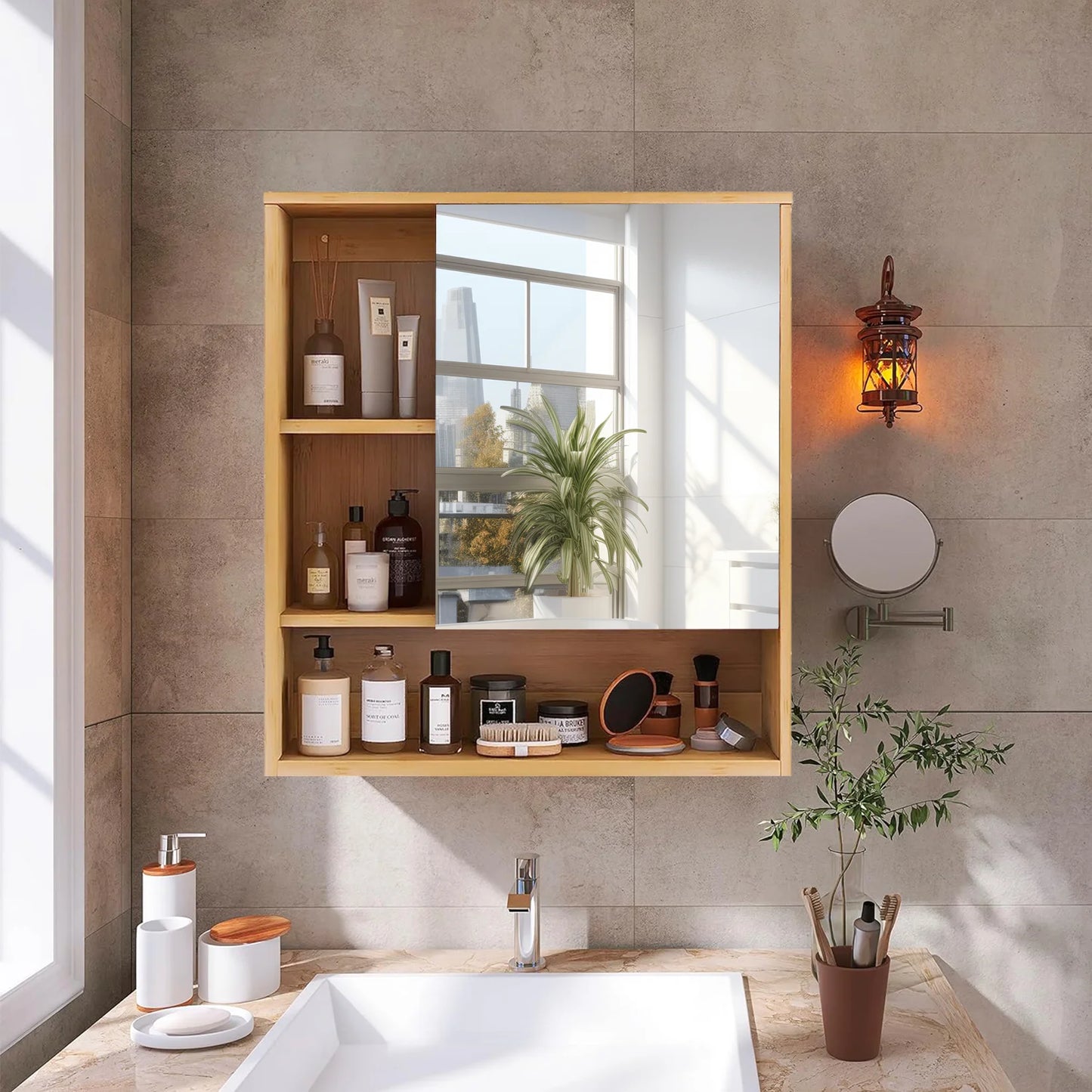 Wall Mounted Bamboo Bathroom Cabinet with Mirror and Shelves