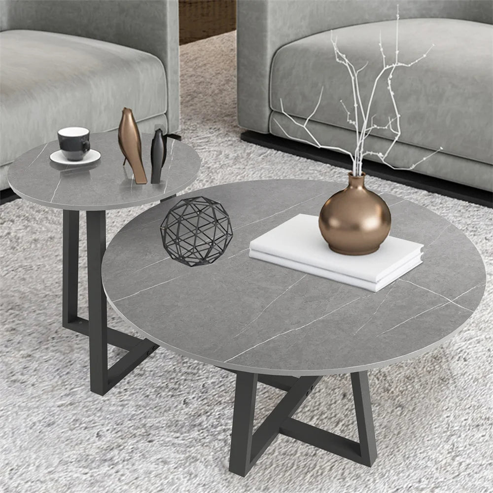 2-Piece Round Marble Nesting Coffee Table Set