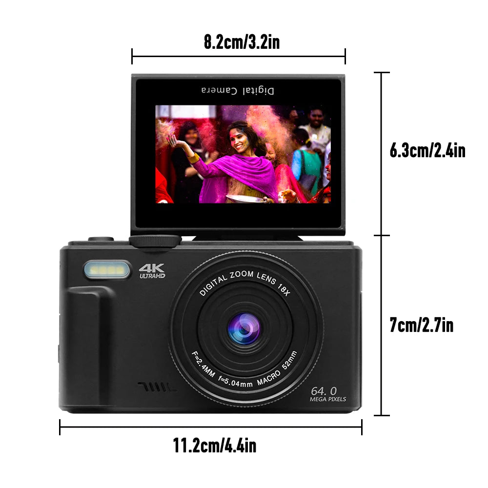 Portable 64MP 4K Vlogging Camera with Flash and 3" Flip Display