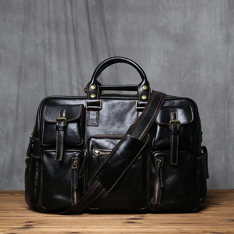 Black Leather Laptop Briefcase Large Capacity Travel Ready